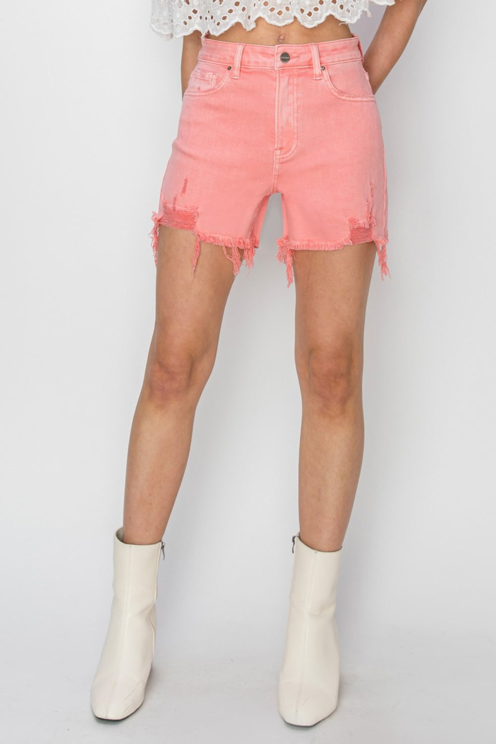 RISEN High Rise Distressed Denim Shorts-Angel Casuals