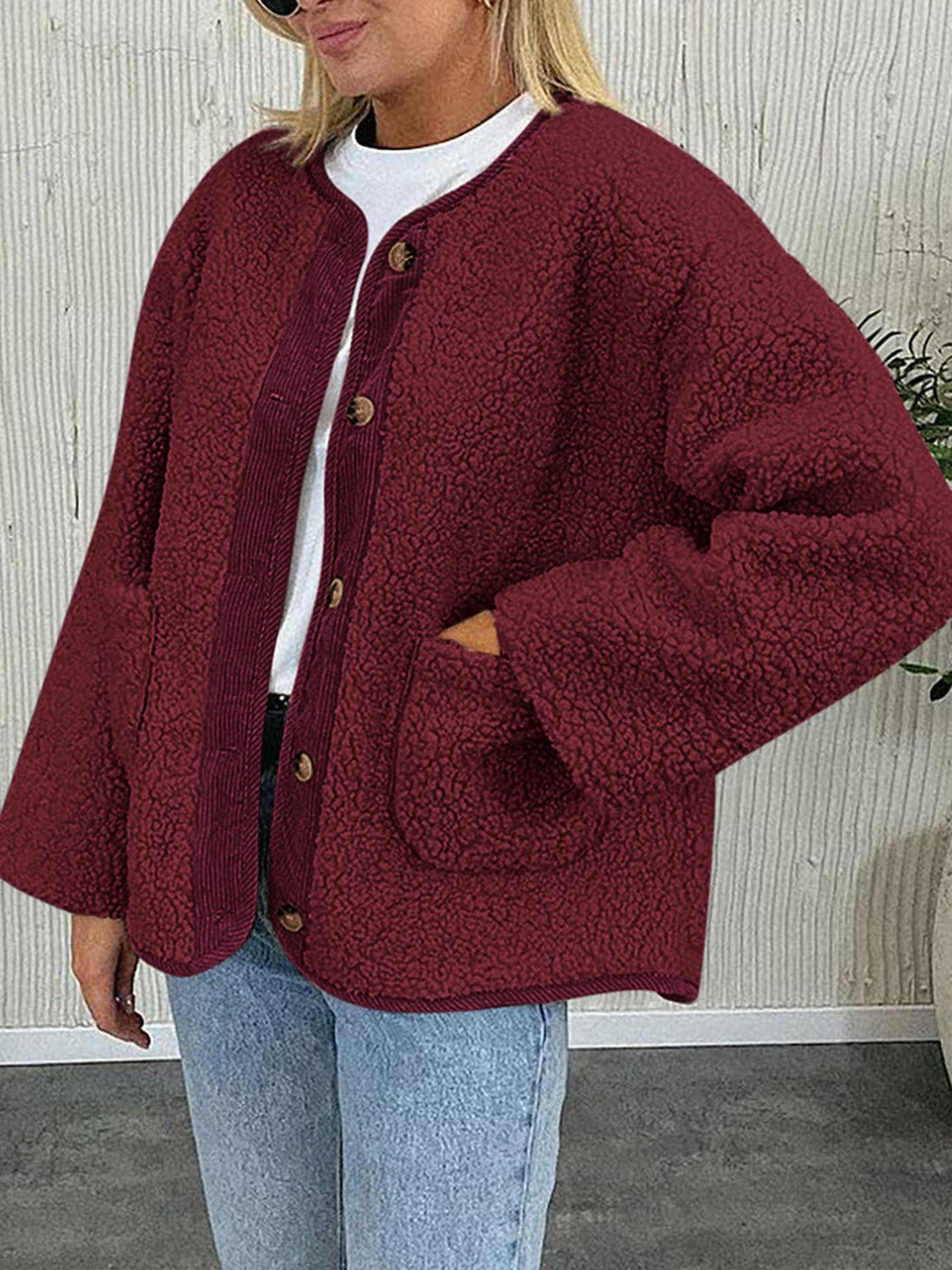 Contrast Button Up Sherpa Jacket with Pockets-Angel Casuals