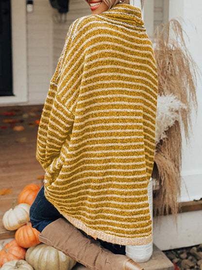 Striped Turtleneck Sweater with Pockets-Angel Casuals