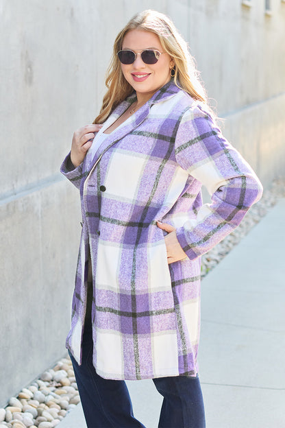 Double Take Full Size Plaid Button Up Lapel Collar Coat-Angel Casuals