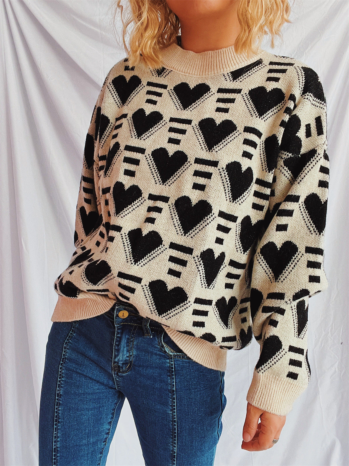 Heart Contrast Long Sleeve Dropped Shoulder Sweater-Angel Casuals