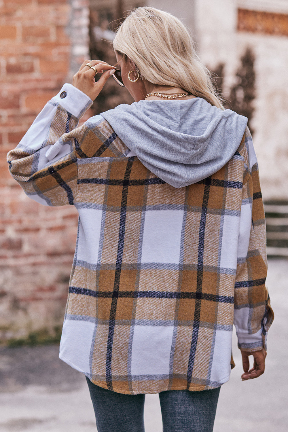 Mandy Plaid Dropped Shoulder Hooded Jacket-Angel Casuals