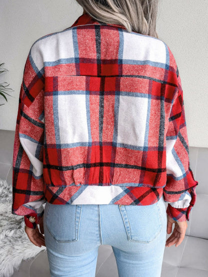 Plaid Collared Neck Drop Shoulder Jacket-Angel Casuals