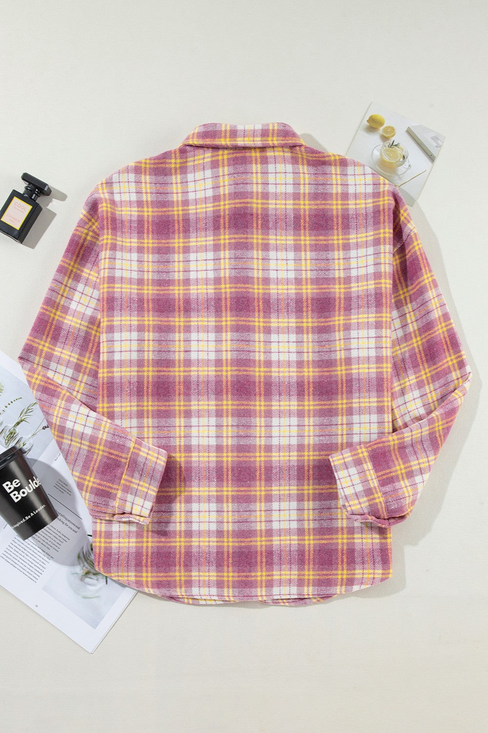 Plaid Collared Neck Long Sleeve Shacket-Angel Casuals