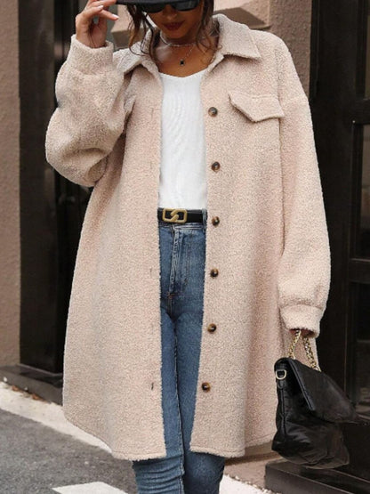 Button Up Drop Shoulder Sherpa Coat-Angel Casuals