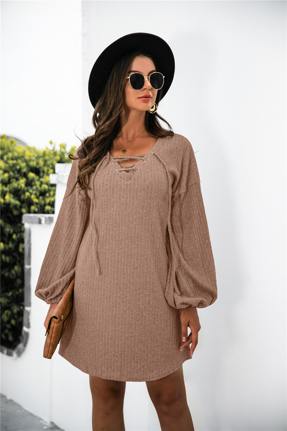 Balloon Sleeve Crisscross Detail Knit Dress-Angel Casuals