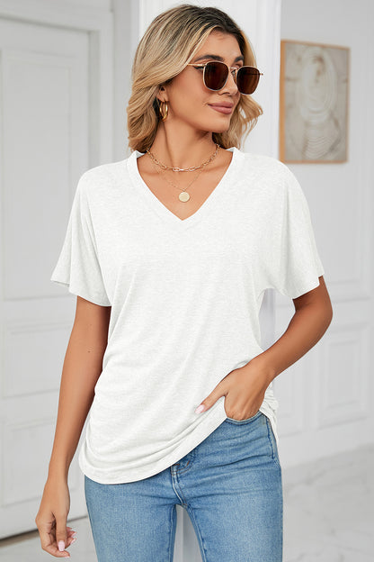 Ruched V-Neck Short Sleeve T-Shirt-Angel Casuals