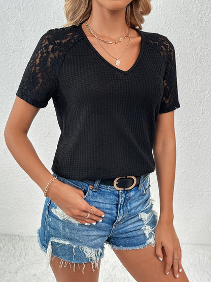 Lace Detail V-Neck Short Sleeve T-Shirt-Angel Casuals