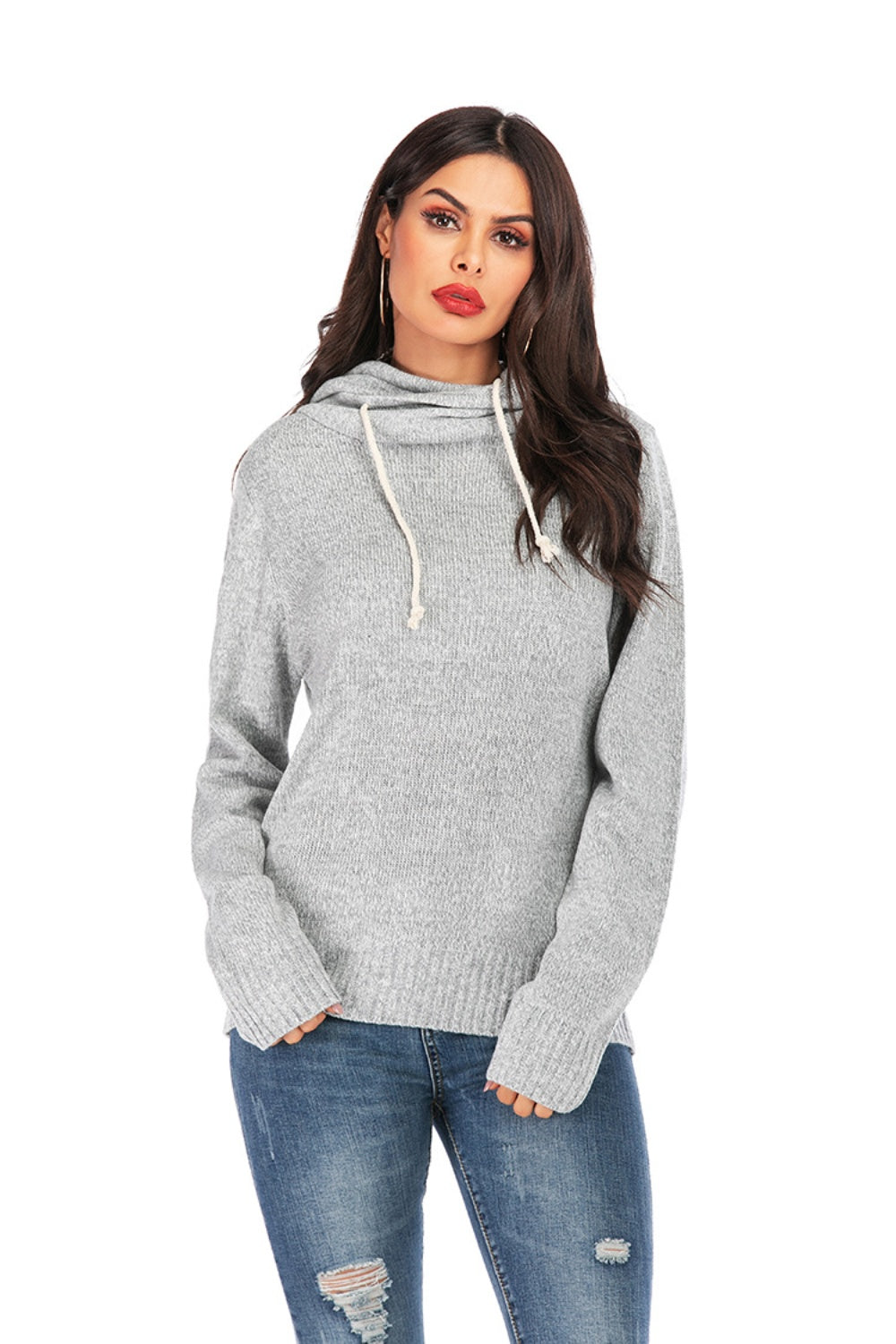 Drawstring Mock Neck Long Sleeve Sweater-Angel Casuals