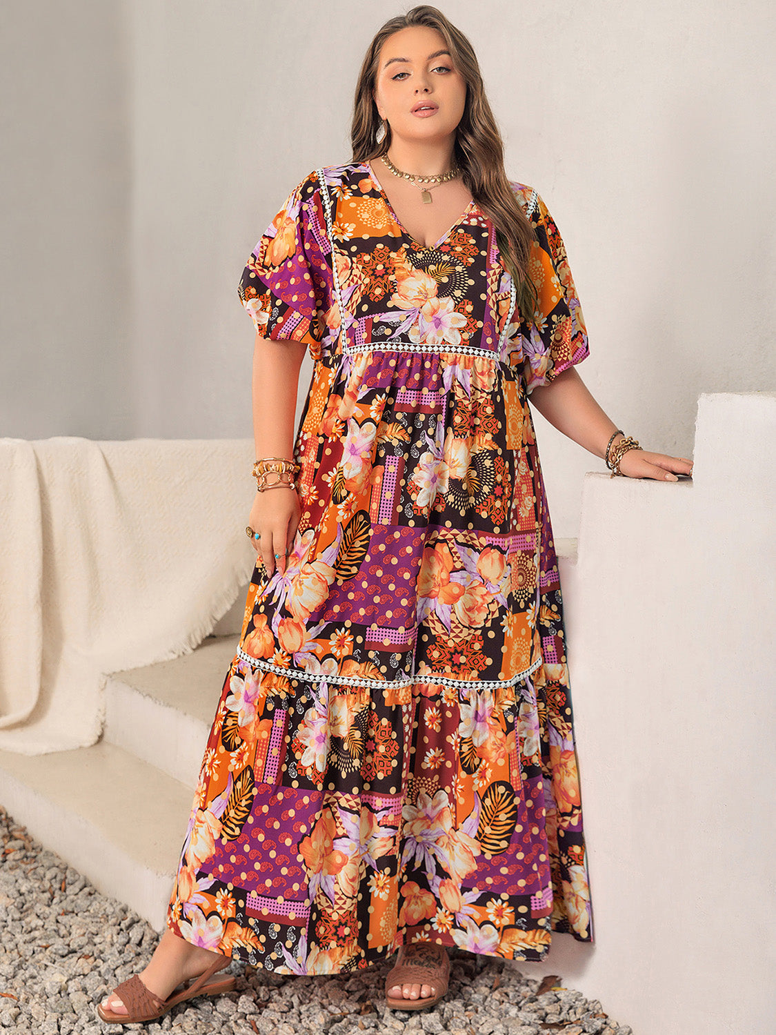 Plus Size Printed V-Neck Half Sleeve Maxi Dress-Angel Casuals