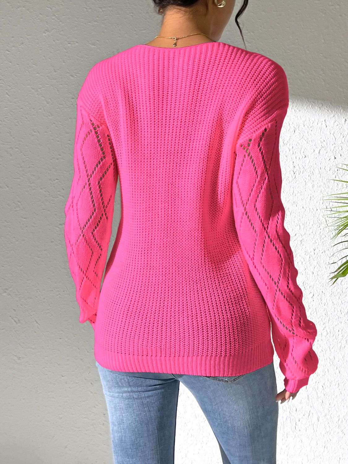 Openwork V-Neck Long Sleeve Sweater-Angel Casuals