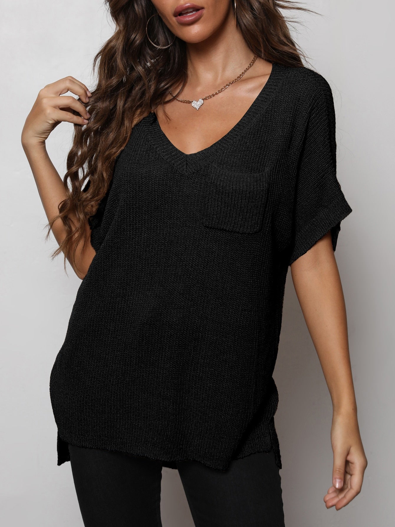 V-Neck Slit High-Low Knit Top-Angel Casuals