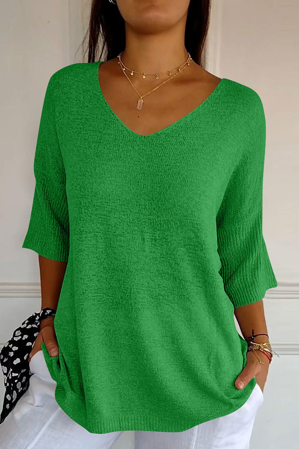 V-Neck Three-Quarter Sleeve Knit Top-Angel Casuals