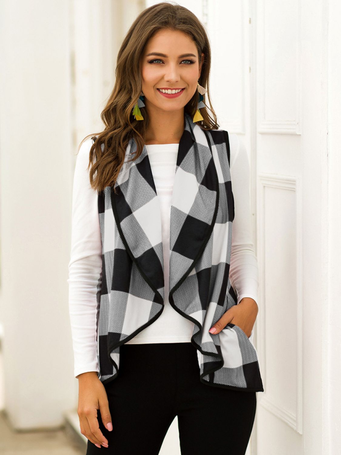 Plaid Open Front Sleeveless Cardigan-Angel Casuals