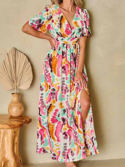 Slit Printed Surplice Short Sleeve Maxi Dress-Angel Casuals