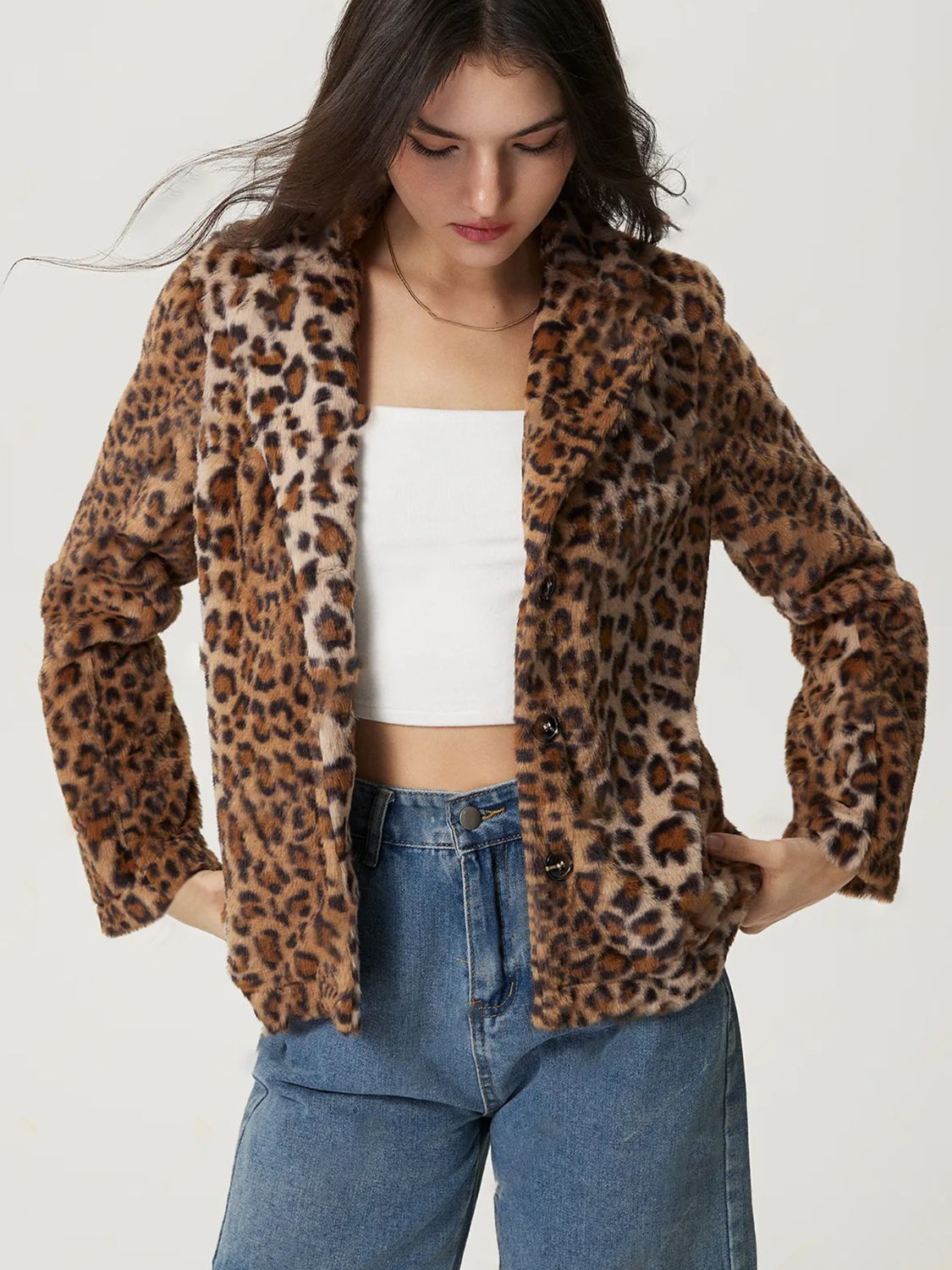 Fuzzy Leopard Collared Neck Jacket-Angel Casuals