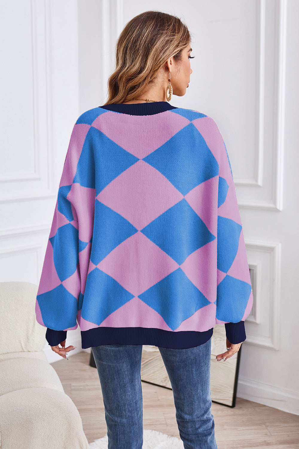 Geometric Lantern Sleeve Cardigan with Pockets-Angel Casuals