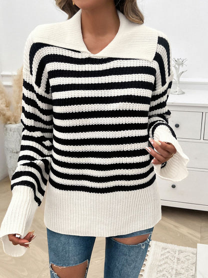 Devine Striped Collared Neck Long Sleeve Sweater-Angel Casuals
