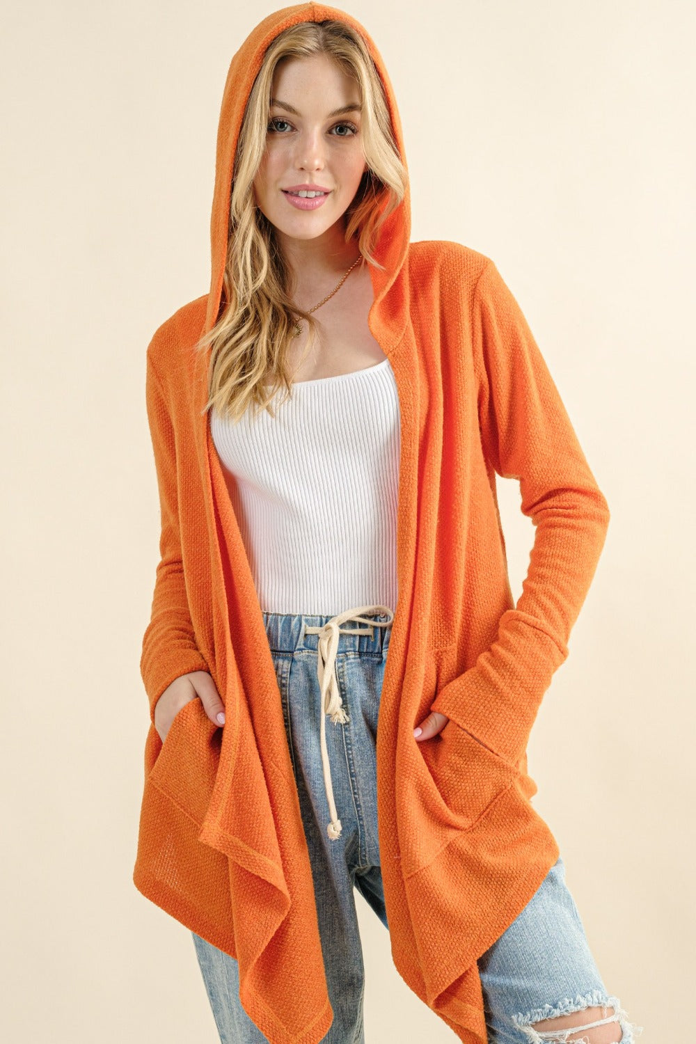 And The Why Full Size Thermal Hooded Open Front Cardigan with Pockets-Angel Casuals