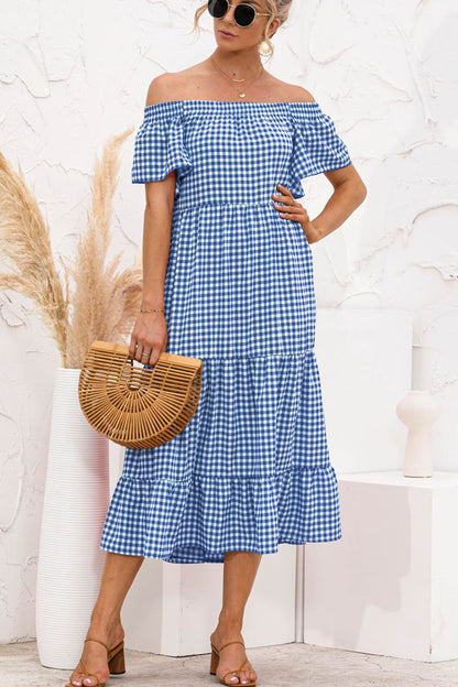 Plaid Off-Shoulder Tiered Midi Dress-Angel Casuals