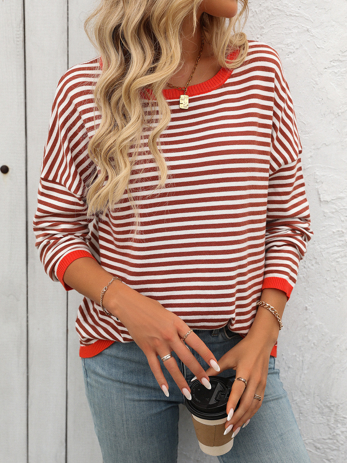 Mandy Striped Round Neck Long Sleeve Sweater-Angel Casuals