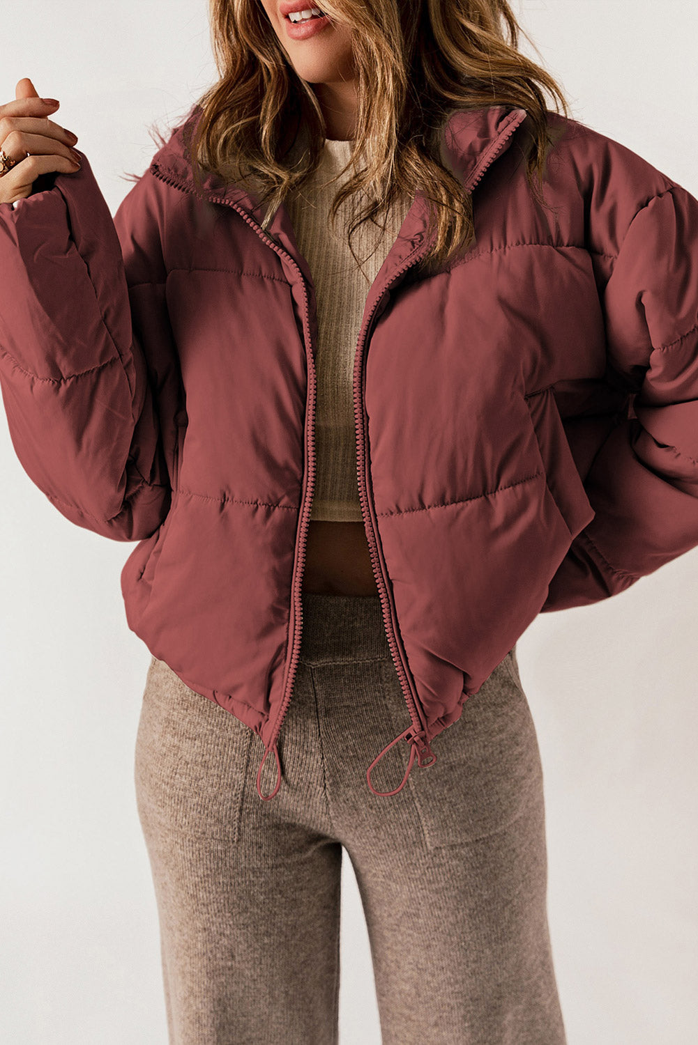 Zip Up Collared Neck Long Sleeve Winter Coat-Angel Casuals