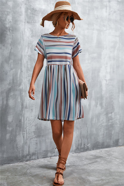 Striped Round Neck Dress-Angel Casuals