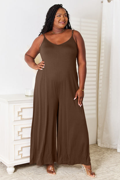 Double Take Full Size Soft Rayon Spaghetti Strap Tied Wide Leg Jumpsuit-Angel Casuals