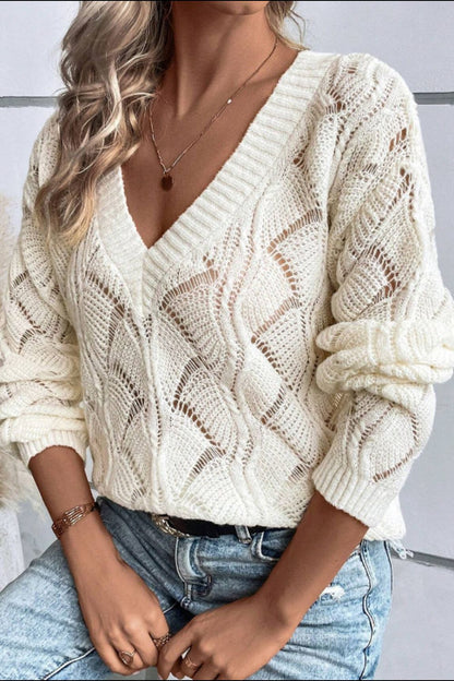 Openwork V-Neck Long Sleeve Sweater-Angel Casuals