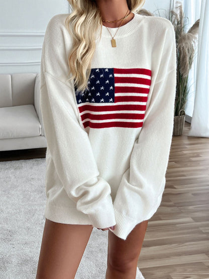 Devine US Flag Round Neck Long Sleeve Knit Top-Angel Casuals