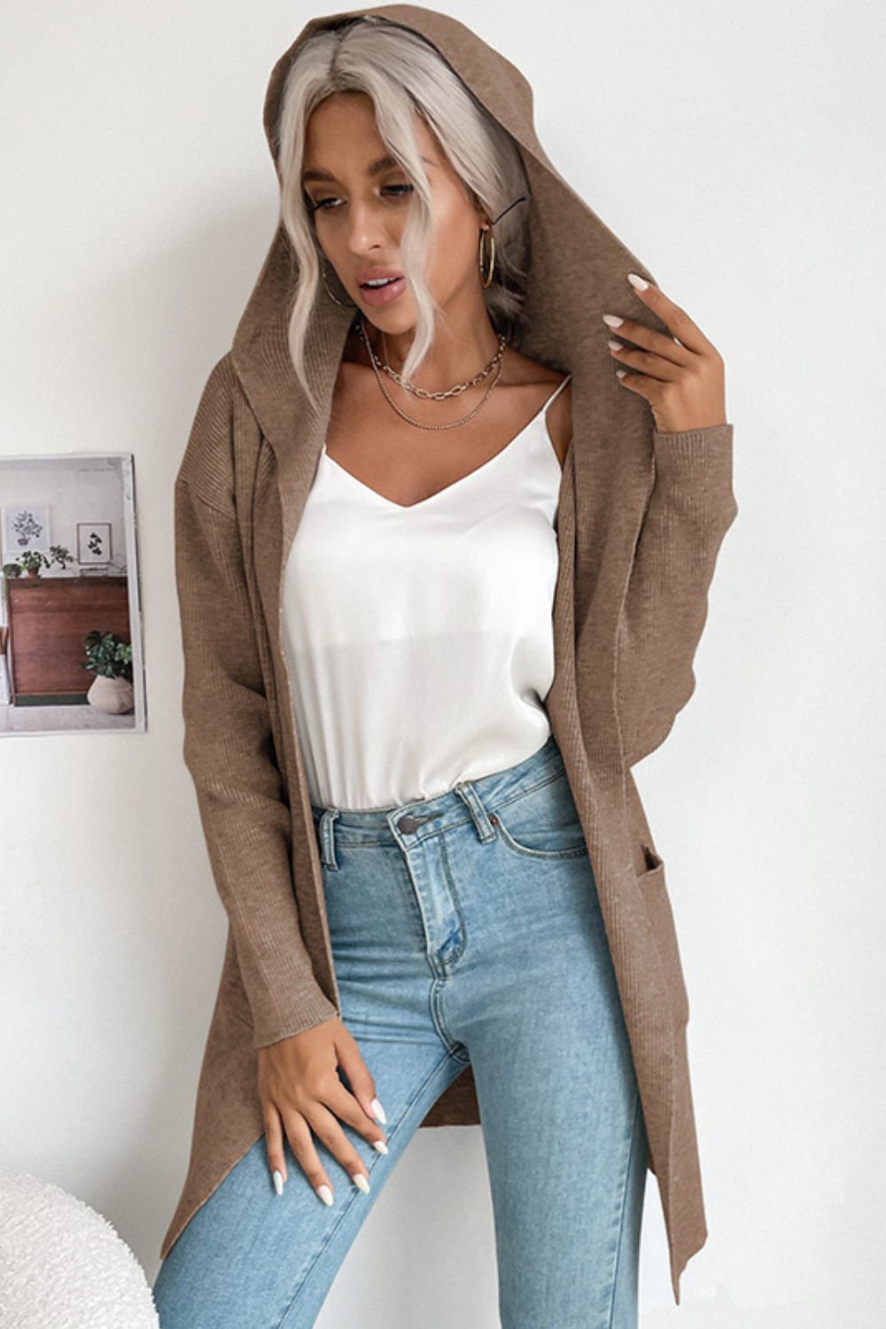 Ribbed Open Front Hooded Cardigan with Pockets-Angel Casuals