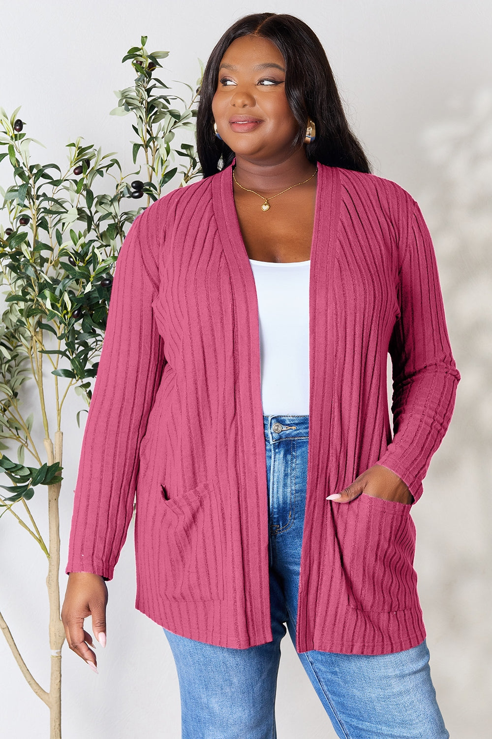 Basic Bae Full Size Ribbed Open Front Cardigan with Pockets-Angel Casuals