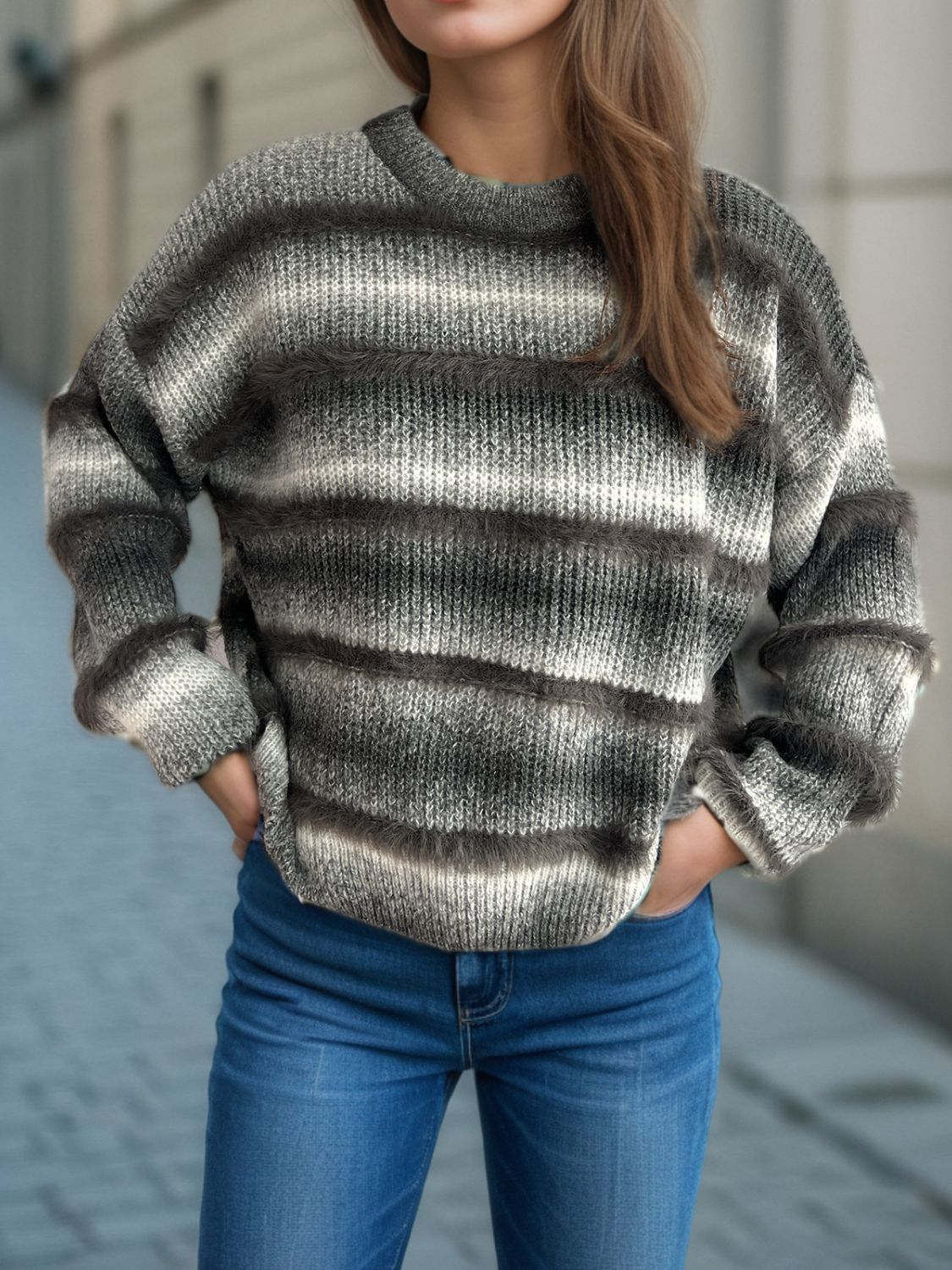 Gradient Round Neck Dropped Shoulder Sweater-Angel Casuals