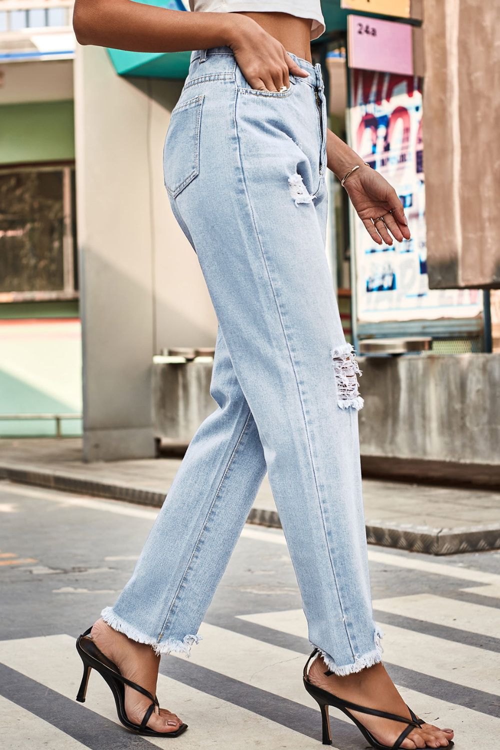 Distressed Buttoned Loose Fit Jeans-Angel Casuals