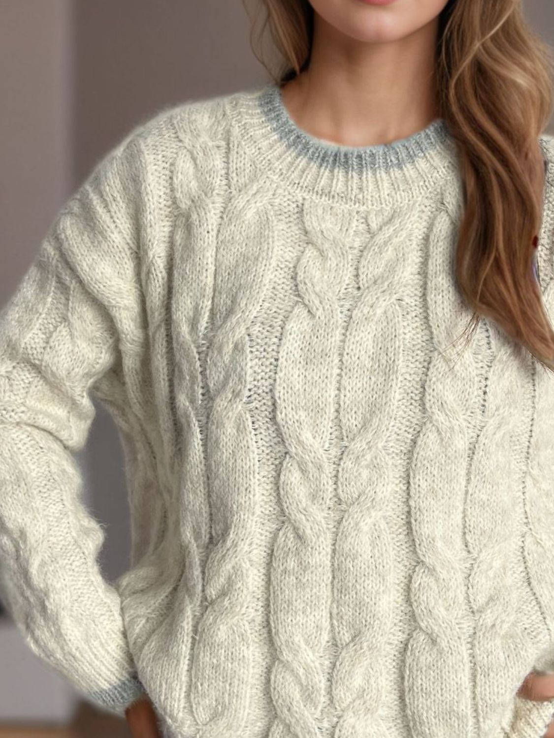 Cable Knit Round Neck Long Sleeve Sweater-Angel Casuals