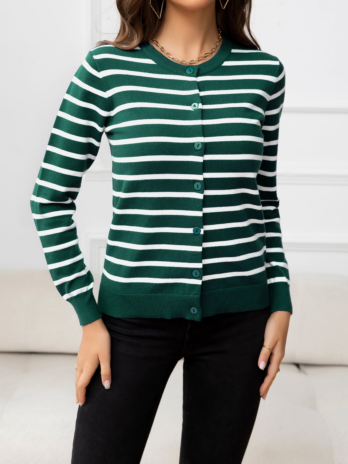 Striped Round Neck Long Sleeve Buttoned Knit Top-Angel Casuals