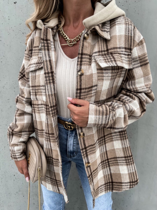 Plaid Dropped Shoulder Hooded Jacket-Angel Casuals