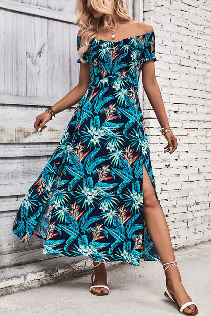 Floral Off-Shoulder Slit Dress-Angel Casuals