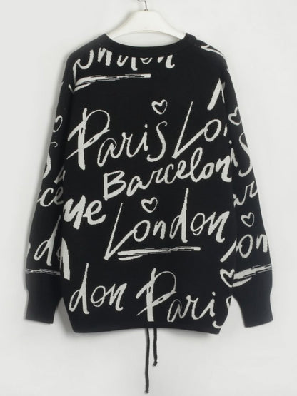 Drawstring Hem Letter Pattern Round Neck Dropped Shoulder Sweater-Angel Casuals