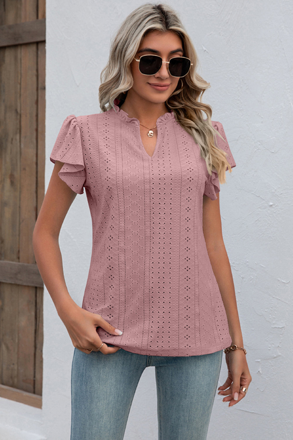 Eyelet Notched Flutter Sleeve T-Shirt-Angel Casuals