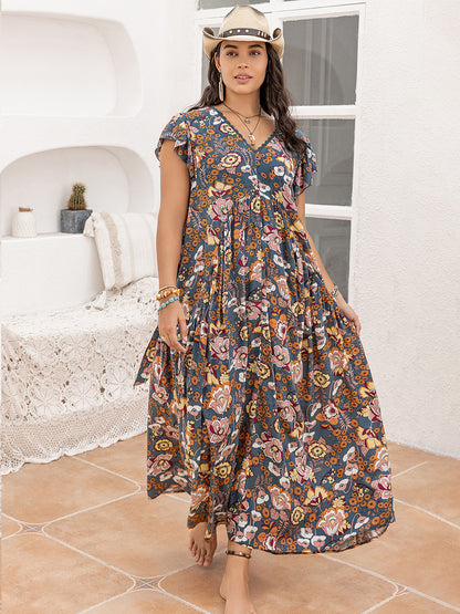 Plus Size Ruffled Printed Cap Sleeve Dress-Angel Casuals