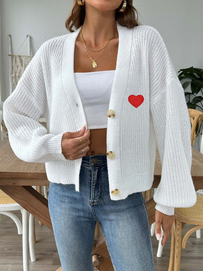 Heart Button Down V-Neck Long Sleeve Cardigan-Angel Casuals