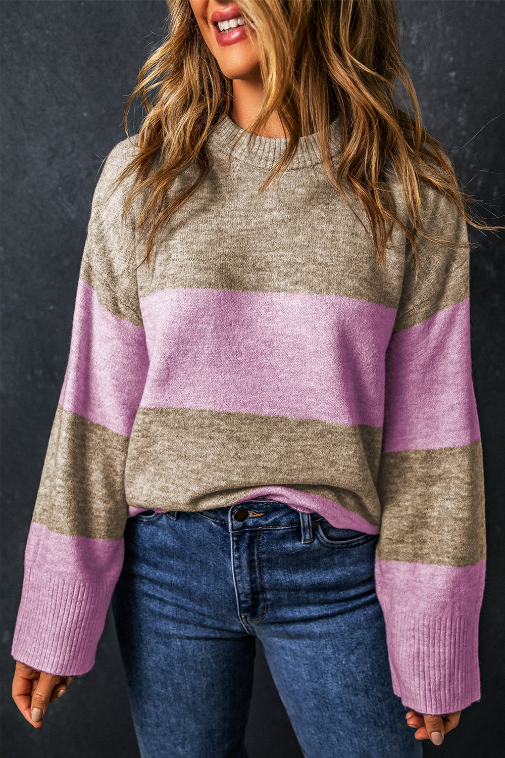 Color Block Round Neck Long Sleeve Sweater-Angel Casuals