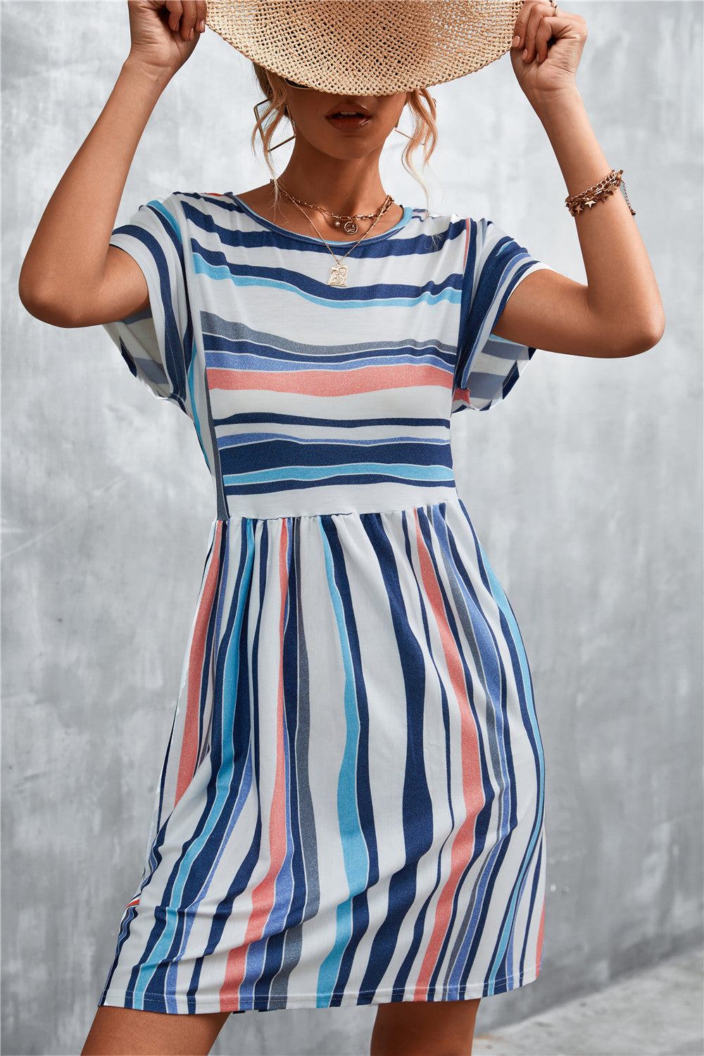 Striped Round Neck Dress-Angel Casuals