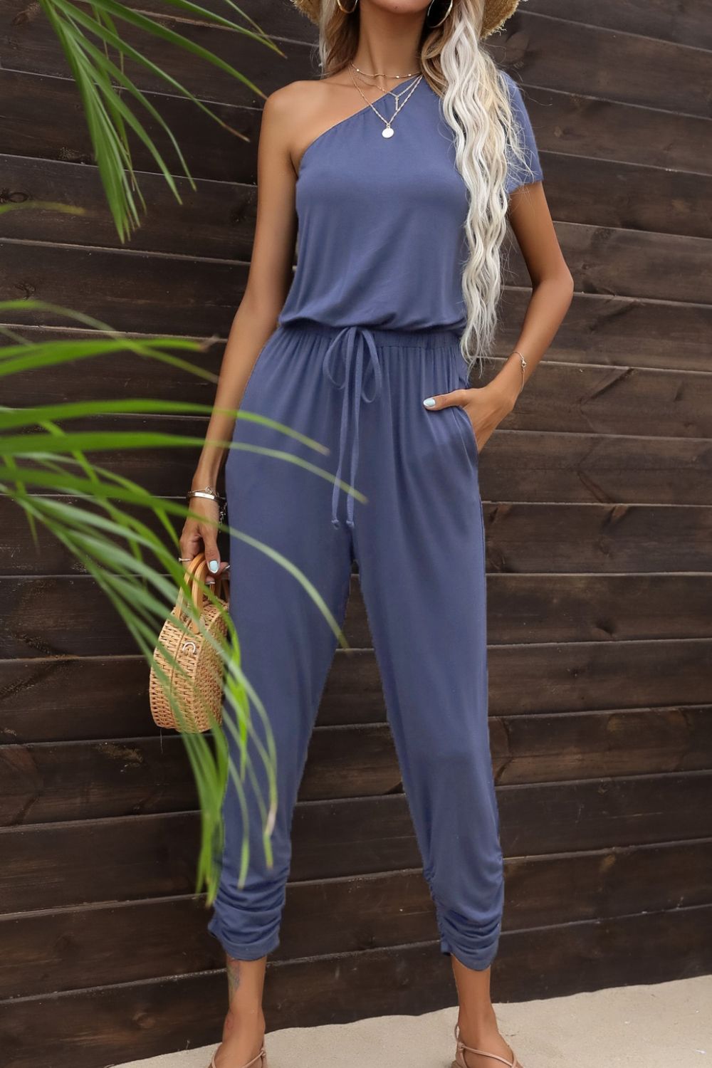 Drawstring Waist One-Shoulder Jumpsuit with Pockets-Angel Casuals