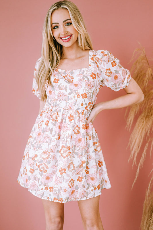 Floral Tie-Back Puff Sleeve Dress-Angel Casuals