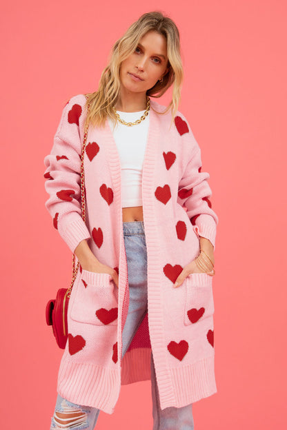 Heart Graphic Open Front Cardigan with Pockets-Angel Casuals