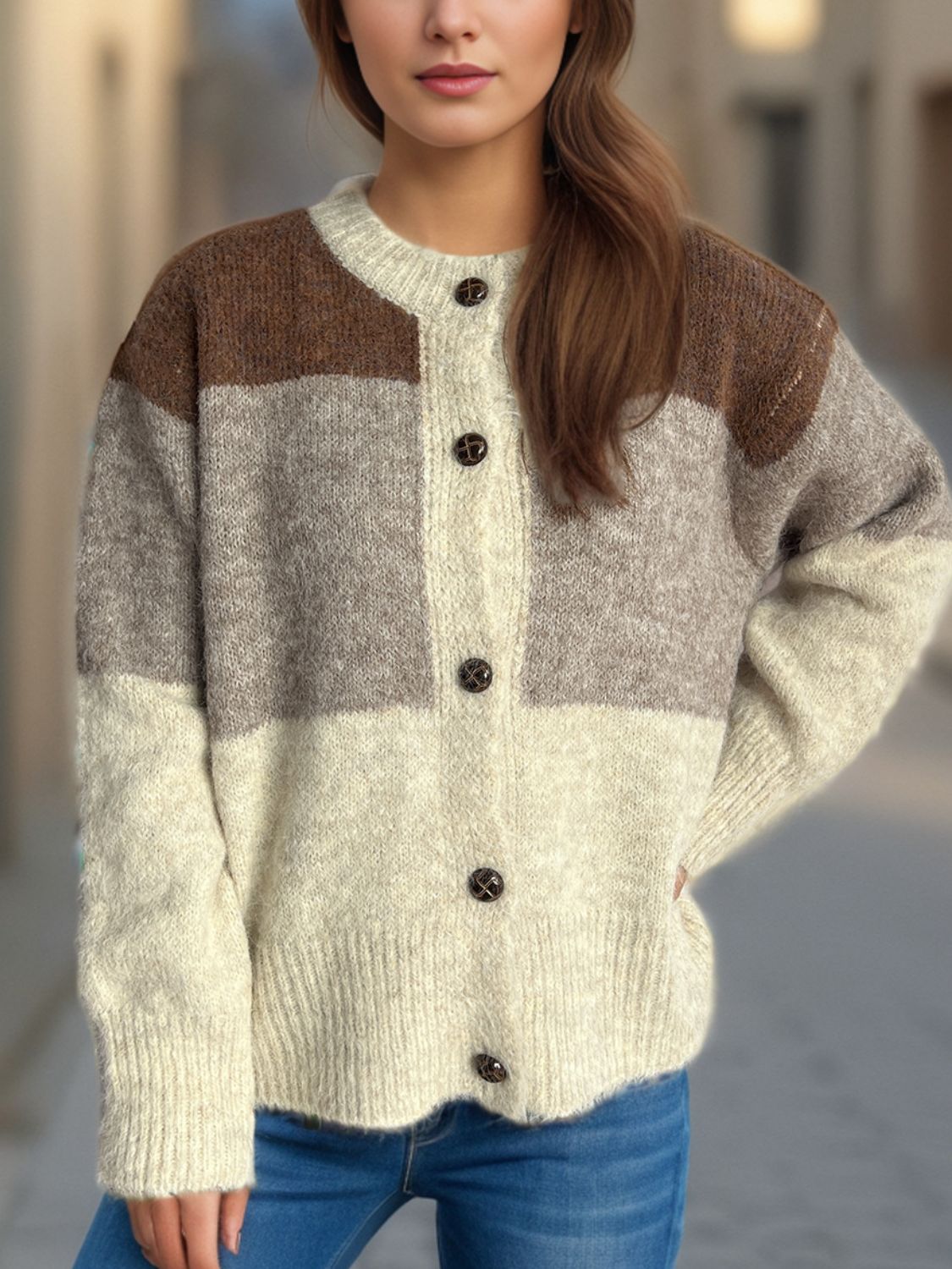 Color Block Round Neck Button Up Cardigan-Angel Casuals