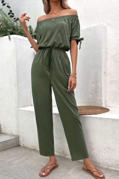 Off-Shoulder Tie Cuff Jumpsuit with Pockets-Angel Casuals