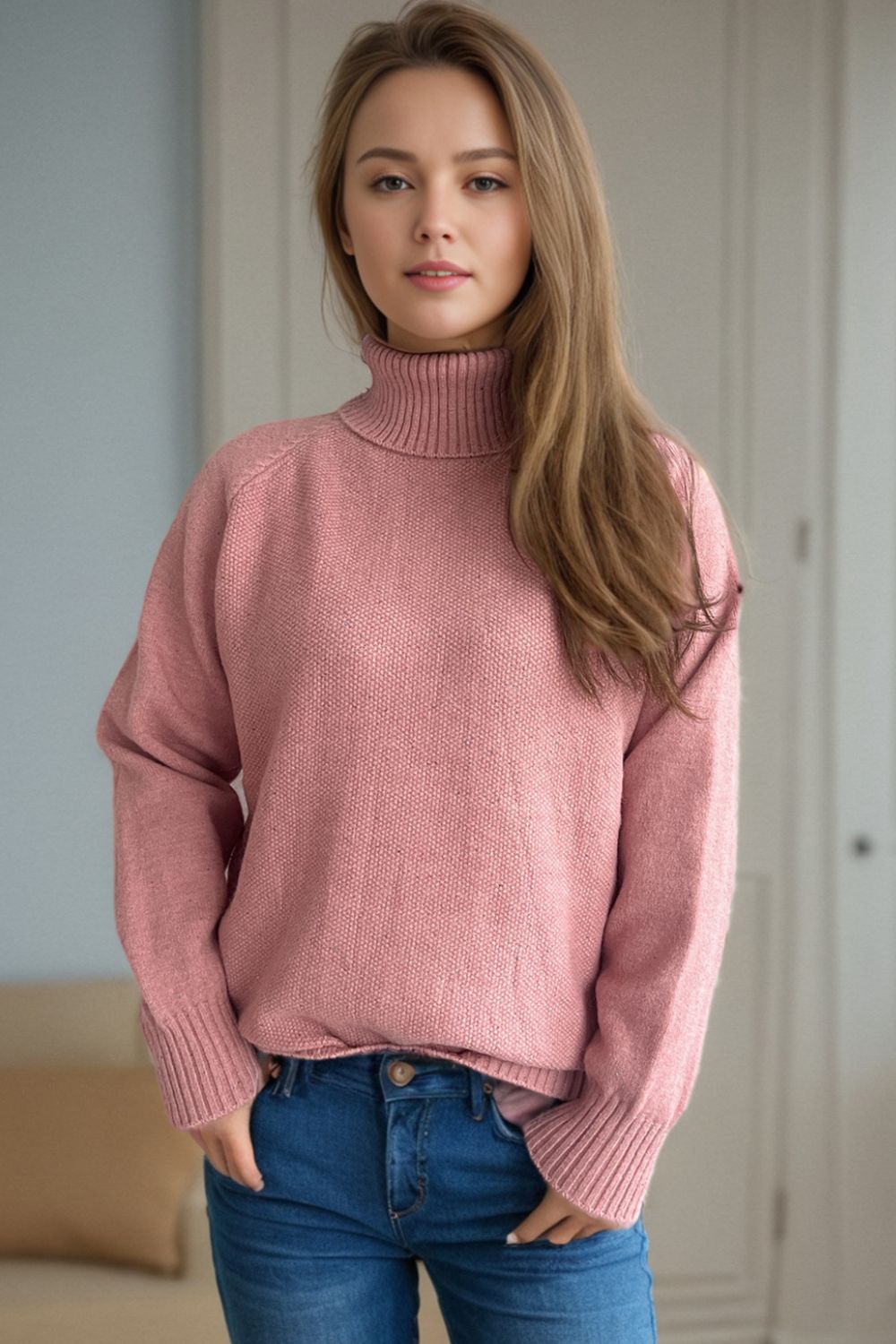 Ribbed Turtleneck Raglan Sleeve Sweater-Angel Casuals